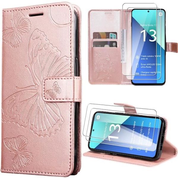 Fodral till Xiaomi Redmi Note 13 4G (ej för 5G) + 2 härdat glas, stötsäkert fjärilsmönster PU-läder med stöd - Rosa