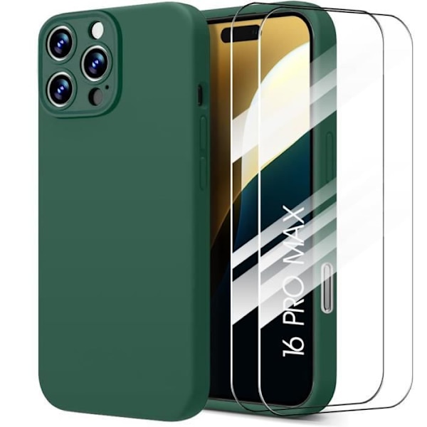 Fodral och 2 härdade glasögon för iPhone 16 Pro Max, Ultra Slim Skydd Stötsäker Anti-Scratch Midnight Green