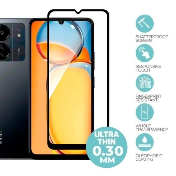 Skärm skydd - E.F.Connection - Redmi 13C - Härdat Glas - Paket med 2 - Repellerande Transparent med svart kant