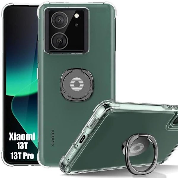 Fodral för Xiaomi 13T - 13T Pro, stötsäkert transparent silikonskydd med stöd för svart ring