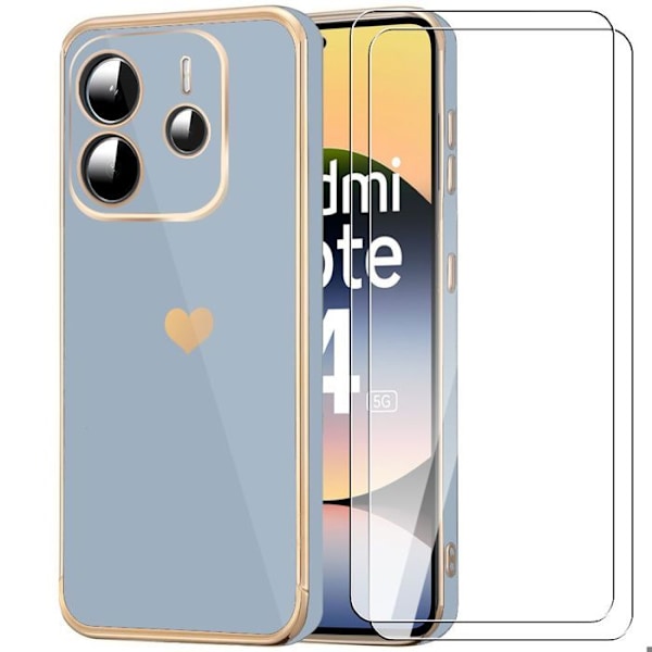 Coque + 2 Förstärkta Glas för Xiaomi Redmi Note 14 5G (inte för 4G) Skydd Mönster Hjärta Blå Blå