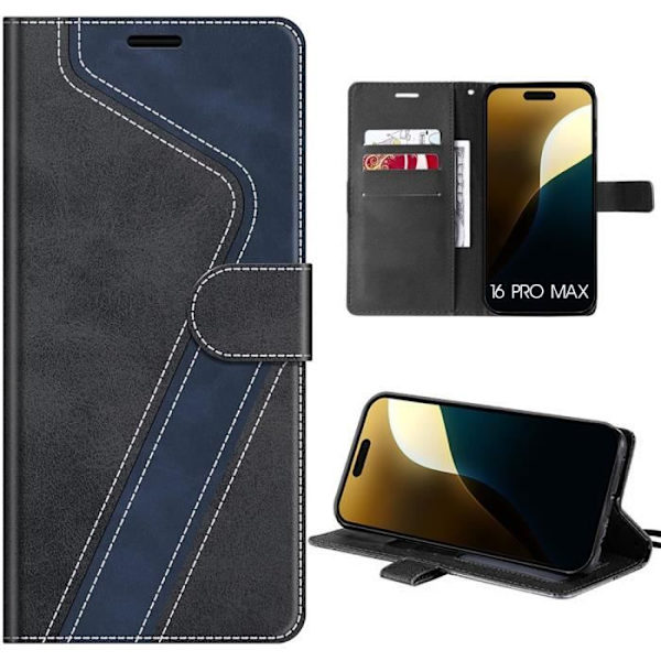 Skyddande skal - MÄRKE - iPhone 16 Pro Max - Syntetskt läder - Repbeständig - Inbyggda förvaringar Marinblå, svart