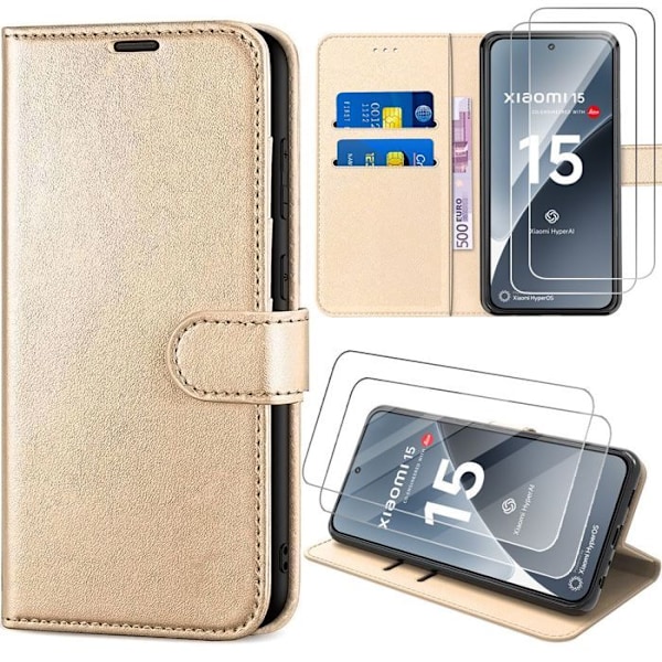 Cover og 2 Fugtige Glas til Xiaomi 15, Fuldt Beskyttelse Anti-Rids Stødabsorberende Kunstlæder Luksus Guld gyllene