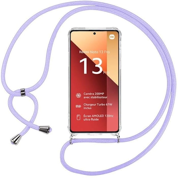 Nøglesnor til Xiaomi Redmi Note 13 Pro 4G (ikke til 5G), gennemsigtig silikone stødsikker beskyttelse med lilla lanyard