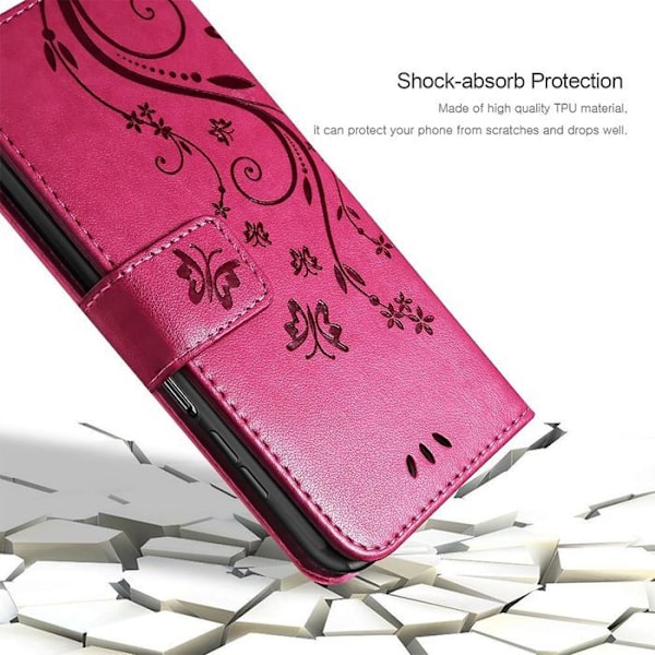 Coque til Xiaomi Redmi 14C, Anti-Ridser Beskyttelse 360 Grad Effekt Læder Fuchsia Mønster Plante Sommerfugl Fuchsia