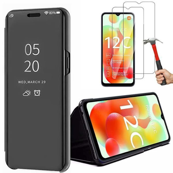 Sort etui til Xiaomi Redmi 12C - 11A + 2 hærdede briller, etui med spejleffekt Anti-ridsebeskyttelse