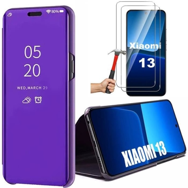 Lila fodral för Xiaomi 13 + 2 härdade glasögon. Spegeleffektfodral Anti-skrapskydd Lila