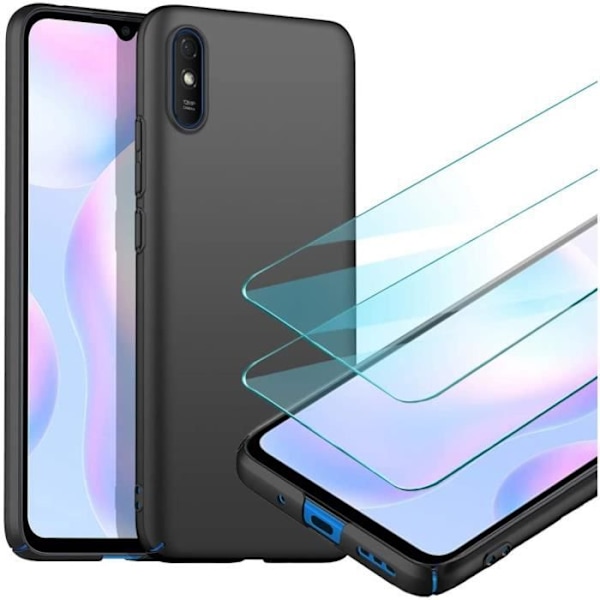 Xiaomi Redmi 9A fodral + skärmskydd i härdat glas, svart mycket tunt skyddande skal hårt fodral för Xiaomi