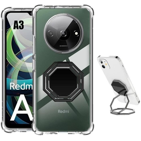 Stötsäkert transparent silikonfodral för Xiaomi Redmi A3 med svart åttakantigt metallstöd