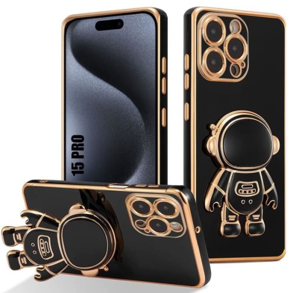 Silikonetui til iPhone 15 Pro - Stødsikker beskyttelse med 3D Cute Astronaut Support - Sort