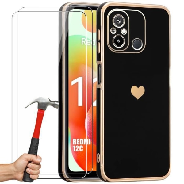 TPU etui til Xiaomi Redmi 12C - Redmi 11A sort hjertemønster + 2 beskyttende hærdet briller
