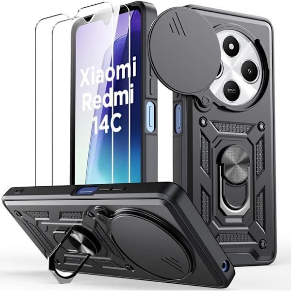 Skal för Xiaomi Redmi 14C - Svart - Stötabsorberande - Repbeständig - 2 Härdat glas Svart