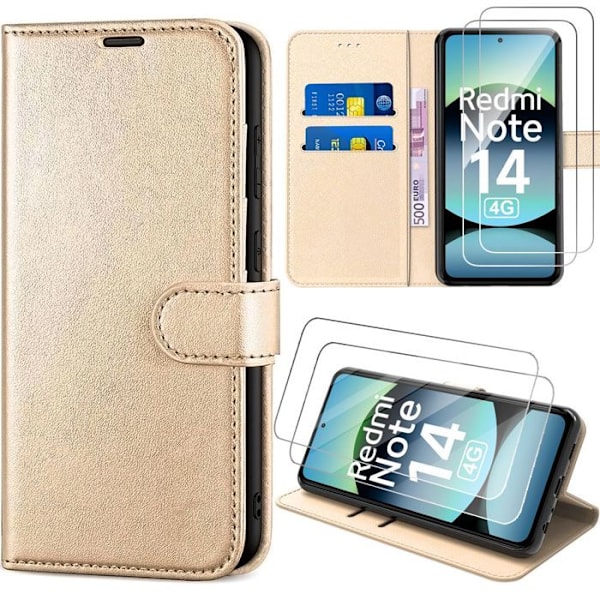 Coque för Xiaomi Redmi Note 14 4G (inte för 5G) Flip Case i syntetiskt läder Antichock - Guld + 2 härdade glas gyllene
