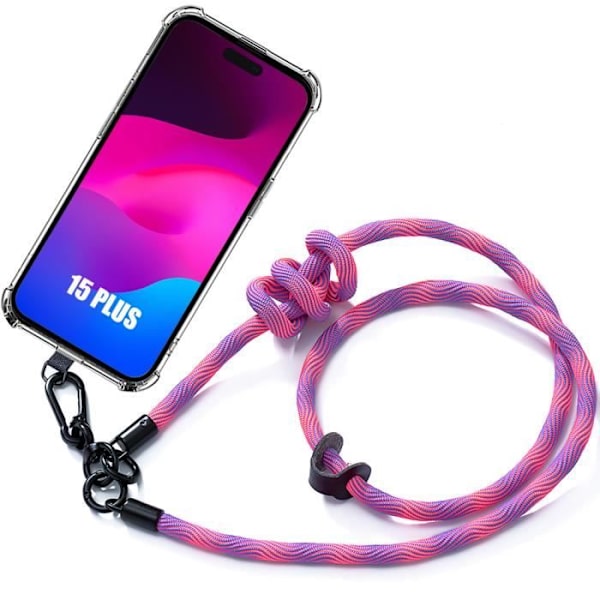 Sladdfodral för iPhone 15 Plus, stötsäkert förstärkt hörnskydd med rosa sladd