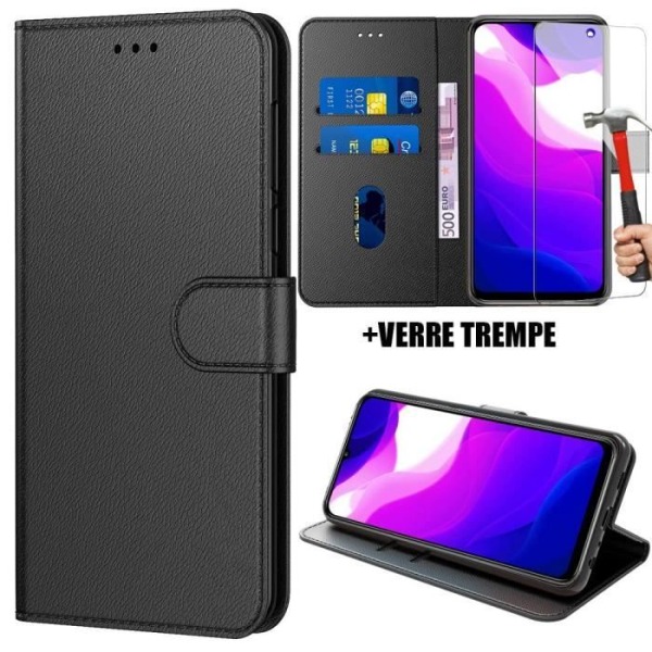 Etui til Xiaomi Mi10 Lite (6,57") Pakke 2 hærdede briller i praktisk tegnebogsform Magnetisk klap, sort Svart