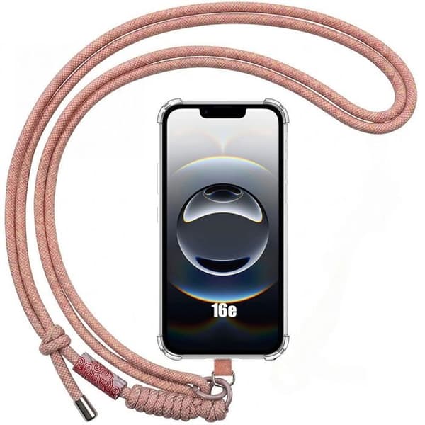 iPhone 16e-fodral, Transparent Silikon med Avtagbar Rosa Rem Rosa, klar