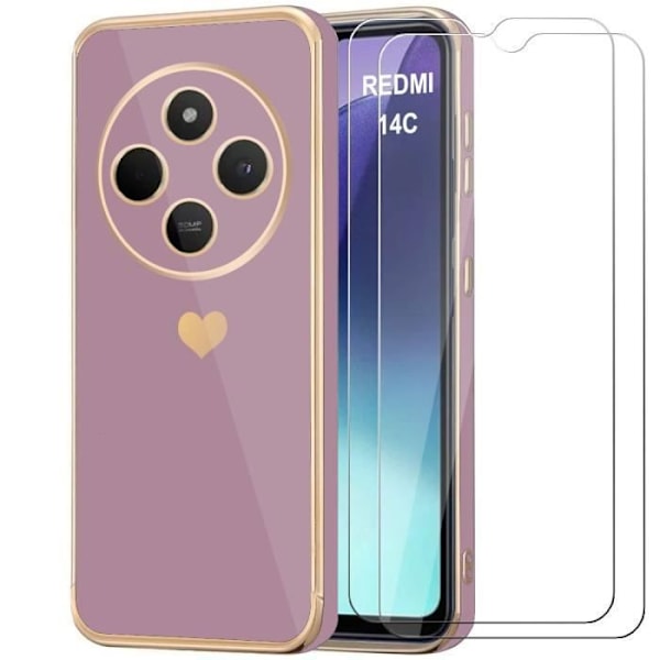 Coque og Temperede Glas - Redmi 14C - Fleksibel TPU - Hjerte Mønster - Lilla Lila
