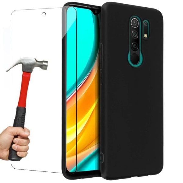 Etui til Redmi 9 (6,53") s Silikone høj modstandsstyrke forstærket beskyttelse sort + hærdet glas Svart