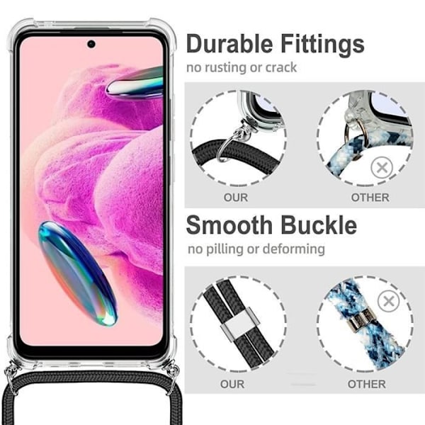 Cover til Xiaomi Redmi Note 12S - Forstærket Blød Beskyttelse - Justerbar Strop Rød - Ultra-gennemsigtig Röd