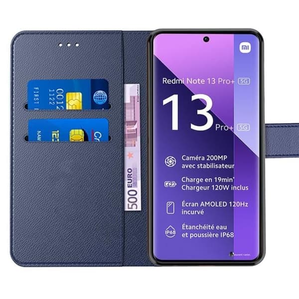 Coque - E.F.CONNECTION - För Xiaomi Redmi Note 13 Pro+ 5G - Stötsäker - PU-läder och TPU - 2 Härdat glas marinblå