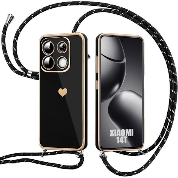 Coque til Xiaomi 14T - Blød ridsebeskyttelse med hjerteprint og skulderrem - Sort Svart