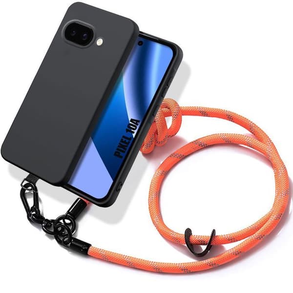 Skyddsfodral för Google Pixel 10a, Svart Stötsäker Silikon med Robust Orange Rem Orange, Svart