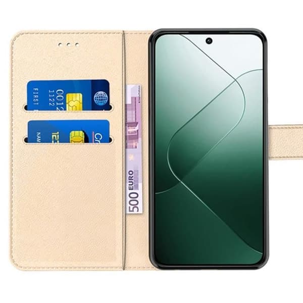 Skal + 2 Doppade Glas - för Xiaomi 14 - PU Läder - Plånboksfodral - Justerbart Stöd gyllene