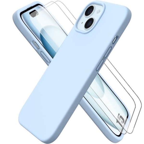 Skal till iPhone 15 Flytande Silikon Himmelsblå + 2 skärmskydd i härdat glas