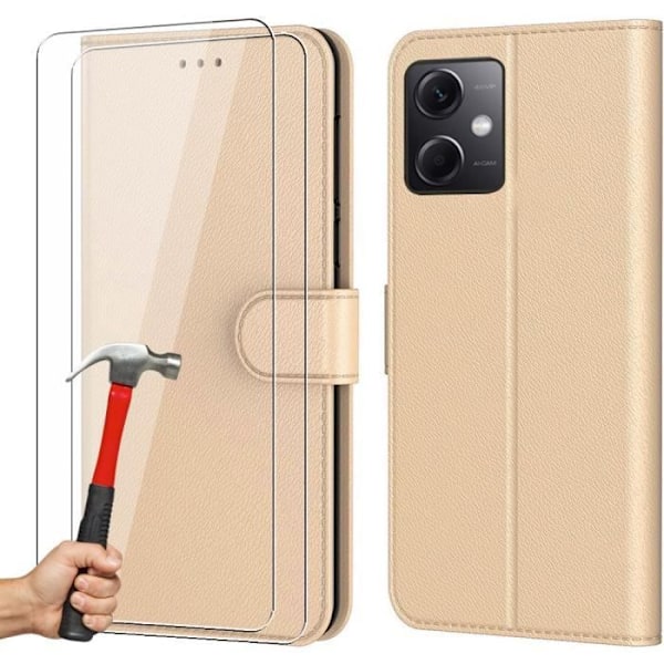 Skyddsskal - E.F.CONNECTION - för Xiaomi Redmi Note 12 - Läderlook - Härdat - Guld - 2 Härdade glas gyllene