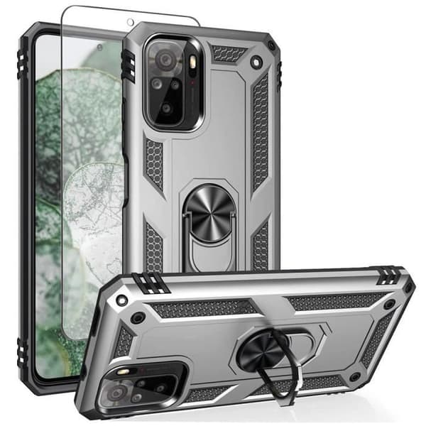 Skyddsfodral - E.F.CONNECTION - för Redmi Note 10 4G - Inkluderar härdat glas - Metallstöd i ringform - Förstärkt skydd Silver
