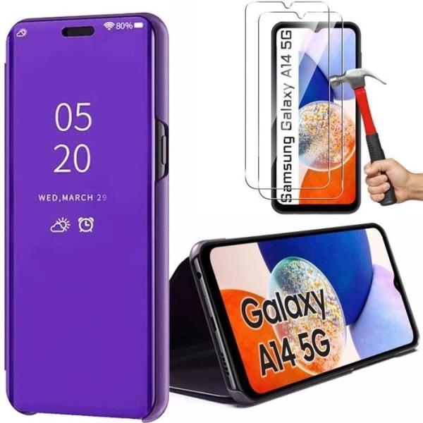 Lilla etui til Samsung A14 4G/5G + 2 hærdede briller. Mirror Effect Case Anti-ridsebeskyttelse Lila