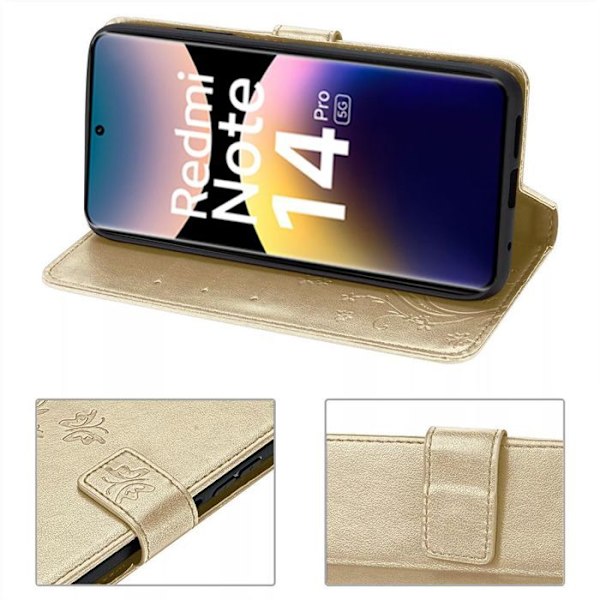 Coque för Xiaomi Redmi Note 14 Pro 5G (inte för 4G) Skydd i syntetiskt läder Stötsäker Guld Motiv med fjärilar och blommor gyllene