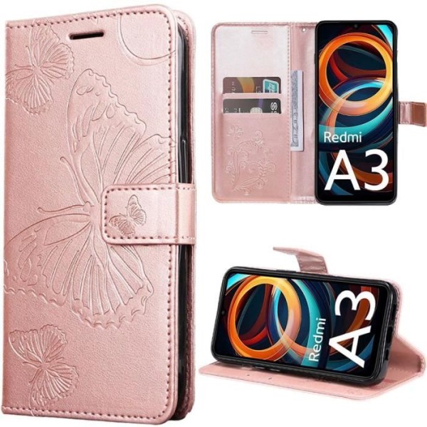 Coque för Xiaomi Redmi A3 - E.F.CONNECTION - Stötabsorberande Syntetisk Läder - Fjärilsmönster - Rosa Rosa