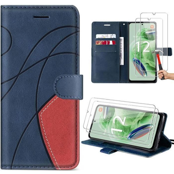 Coque för Xiaomi Redmi Note 12 5G - E.F.Connection - Fodral Folio Läder PU - Marinblå - Stöd - 2 Härdat glas Marinblå, röd