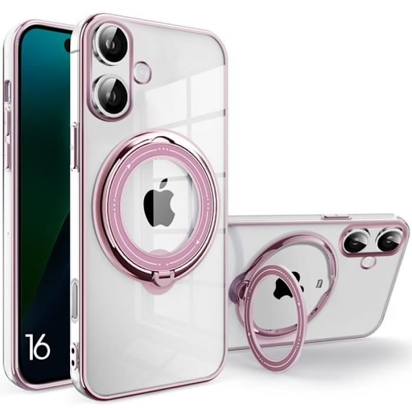 Fodral till iPhone 16, tunt repskyddande silikonskydd med roterande magnetstativ - rosa
