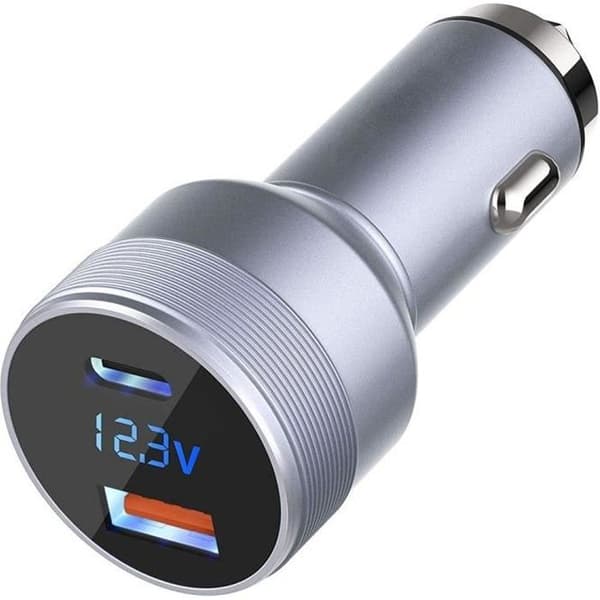 Bil Laddare - E.F.CONNECTION - USB och Typ-C - Snabbladdning - Spänning Display - Silver Grå