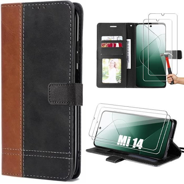 Fodral för Xiaomi 14 - MÄRKE - Brun - PU-läder - Stöttålig - Fack för kort Brun svart