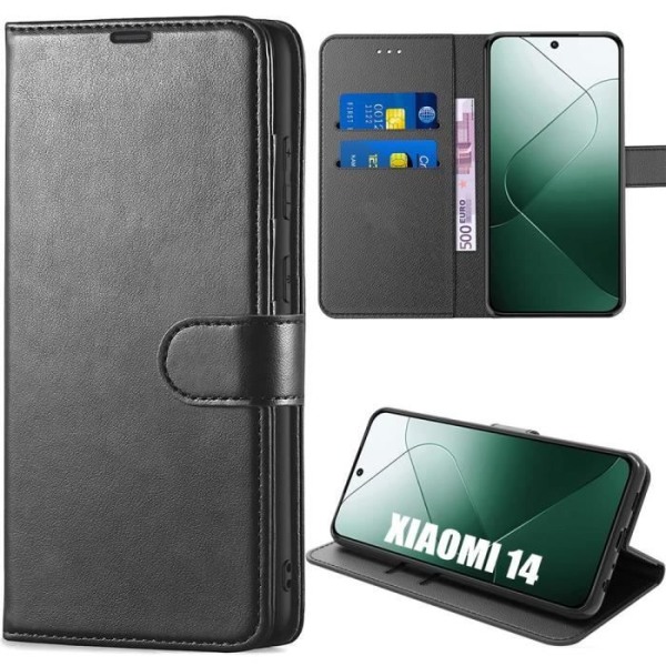 Cover til Xiaomi 14 - Sort - PU Læder - Stødabsorberende Beskyttelse - Foldsupport - Kortlommer Svart
