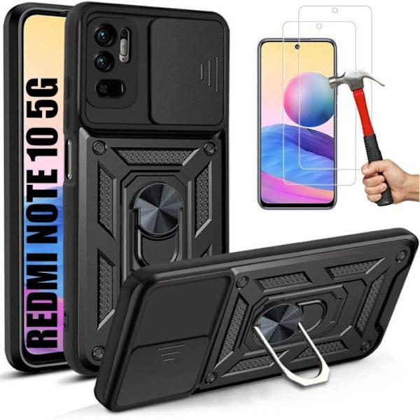 Pakke med 2 hærdet glas + etui til Redmi Note 10 5G (6,5") sort forstærket kant bagring Army Style stødsikker hård Svart
