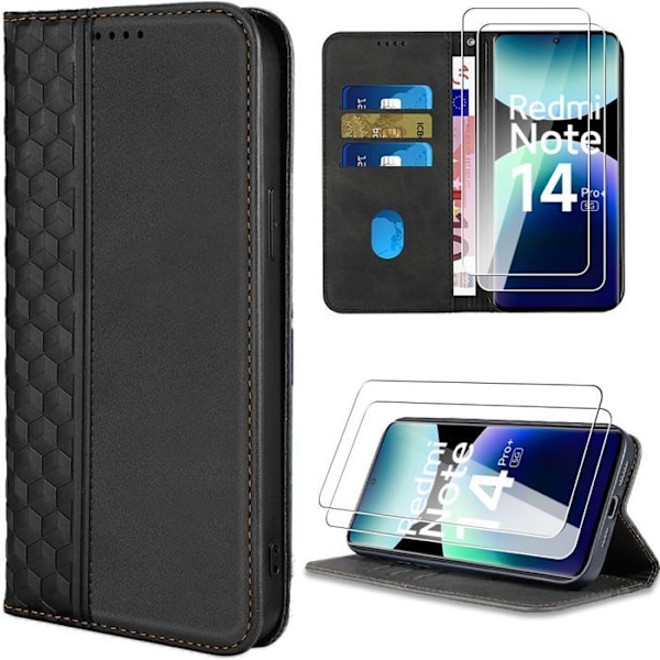 Coque + 2 Härdade Glas för Xiaomi Redmi Note 14 Pro Plus 5G/Note 14 Pro+ 5G, Repellent Ekoläder Svart Svart