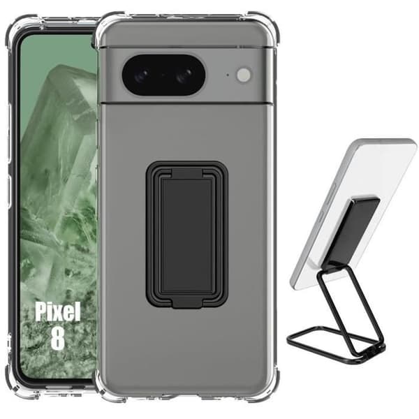 Coque - för Google Pixel 8 - Transparent Silikon - Stötdämpande - Justerbart Stöd Svart Transparent