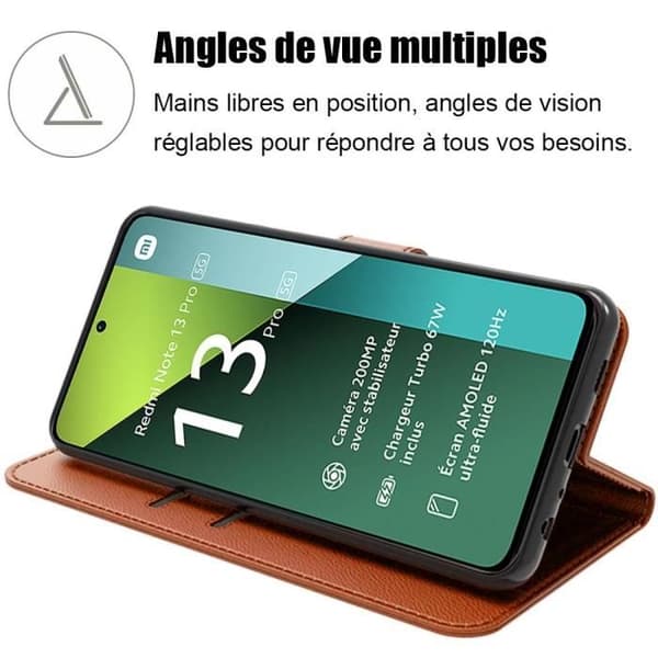 Coque för Xiaomi Redmi Note 13 Pro 5G - Brun - Stötdämpande - PU-läder - 2 Härdat glas - Stödfunktion kastanj