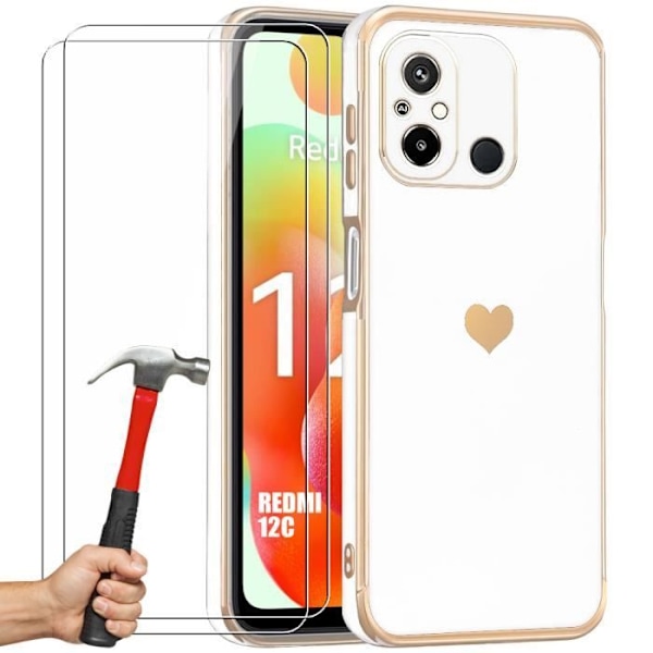 Etui til Xiaomi Redmi 12C - Redmi 11A hvidt stødsikkert kærlighedshjertemønster og 2 hærdede briller
