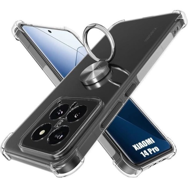Cover til Xiaomi 14 Pro - Xiaomi - 360° roterende ringestøtte - Blød - Transparent - Sort Transparent