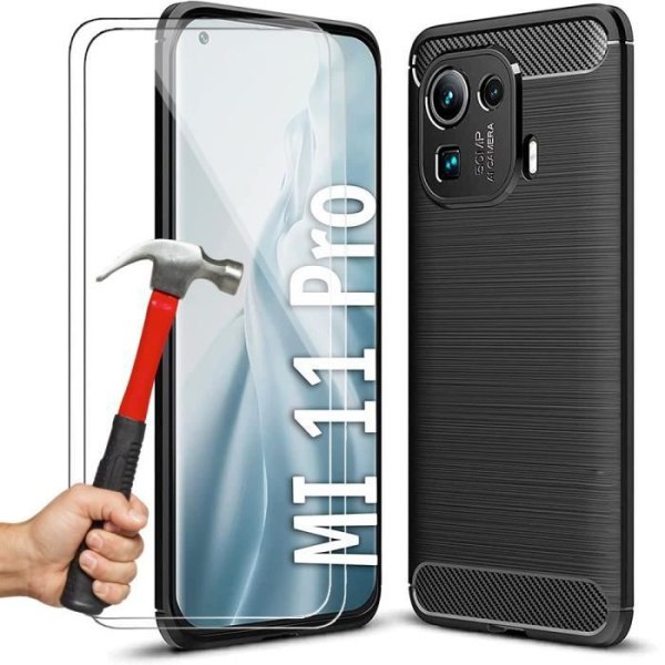 Etui og 2 hærdede briller til Xiaomi Mi 11 Pro, Black Carbon Fiber Protection