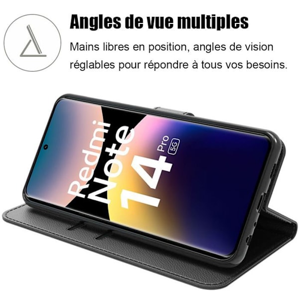 Coque + 2 Glaser med Tempereret Glas til Xiaomi Redmi Note 14 Pro 5G (ikke til 4G) Beskyttelse med Klap i Syntetisk Læder Sort Svart