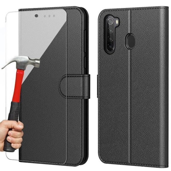 Taske til Redmi Note 8T (6,3") med hærdet glas inkluderet sort lædereffekt Forstærket beskyttelse Anti-shock magnetisk lukning Svart