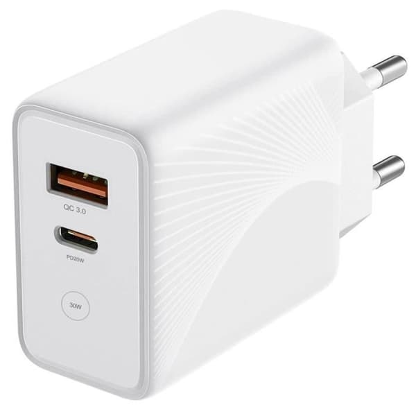 Snabbladdare 30W - E.F.CONNECTION - Strålmönster - USB-C och USB-A - Kompatibel med Xiaomi Redmi Note 11 Vit