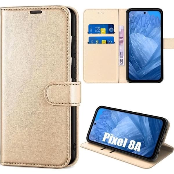 Skyddshölje - E.F.CONNECTION - för Google Pixel 8a - Guldsyntetiskt Läder - Flip Case - Stötabsorberande gyllene