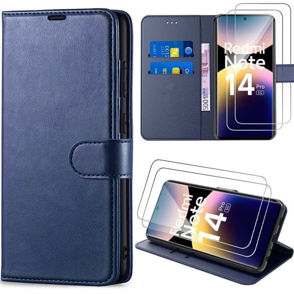 Coque - E.F.CONNECTION - För Xiaomi Redmi Note 14 Pro 5G - Blått PU-läder - 2 härdade glas - Repfria marinblå